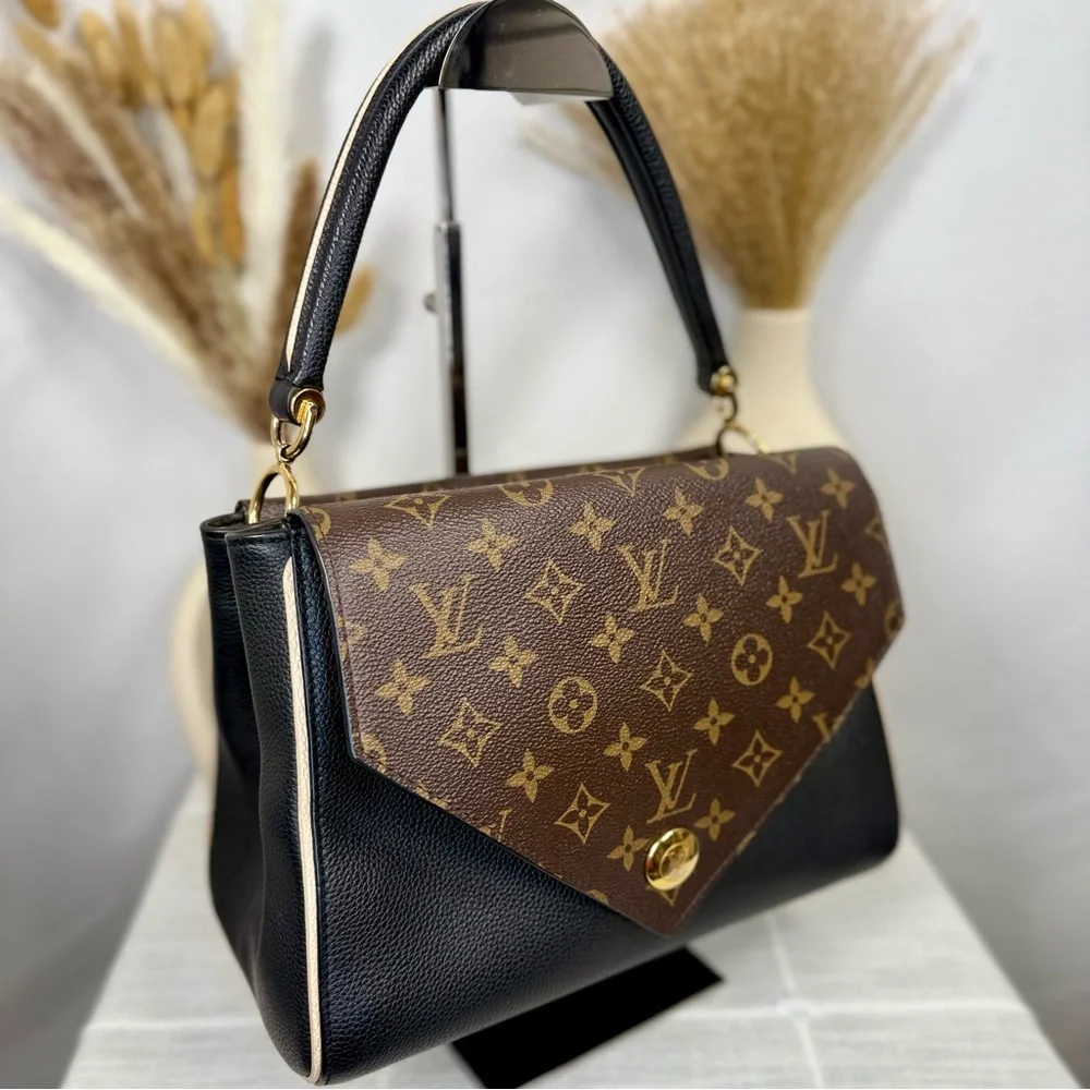 SOLD Louis Vuitton Black Calfskin & Brown Monogram Coated Canvas Double V Bag - Picture 6 of 17